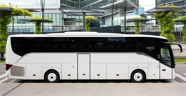 Der Setra Side View zeigt einen eleganten weißen Luxusbus mit modernem Design, geparkt vor einem grünen städtischen Hintergrund.