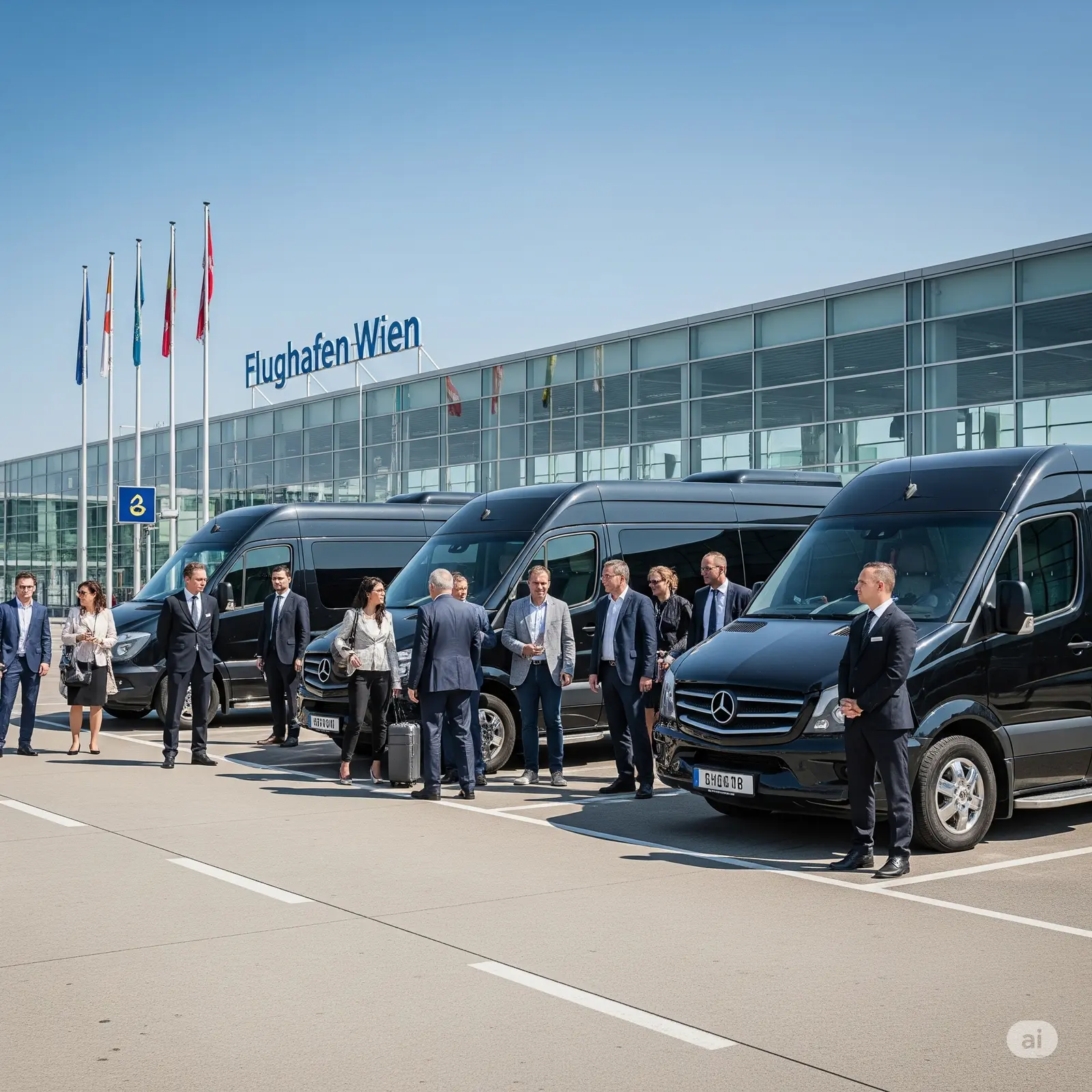 Ein professioneller Flughafen-Abholservice mit schwarzen Vans vor dem Flughafen Wien, bereit für die Ankunft von Geschäftsreisenden.