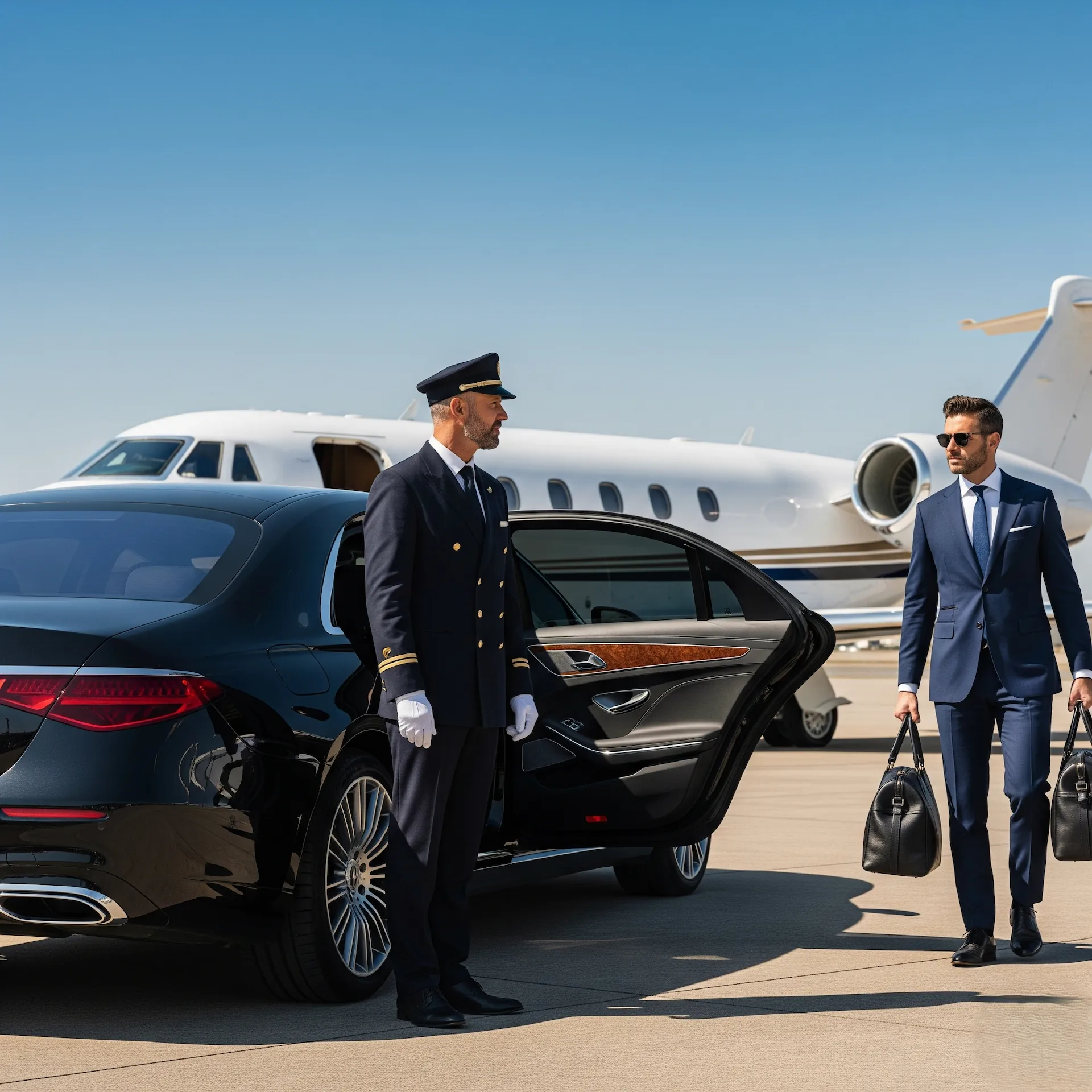 Ein luxuriöser Flughafen Wien Schwechat-Service mit einem schwarzen Fahrzeug bedient von einem Chauffeur und einem Passagier mit Gepäck.