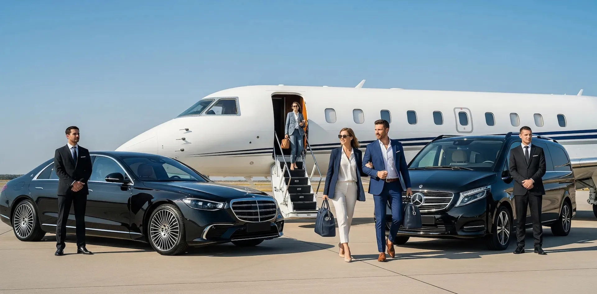 Ein exklusiver VIP Flughafentransfer Wien mit schwarzen Luxusfahrzeugen und einem Privatjet, bedient von Chauffeuren für geschäftliche Reisende.